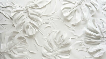 Elegant white 3D wall panel relief with tropical monstera leaf patterns for modern interior design