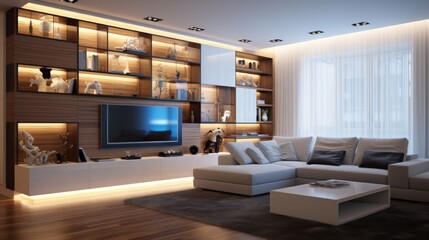 Large wall mounted television enhancing minimalistic living room interior design