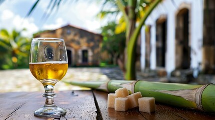 A glass of rum with sugar cubes on a rustic wood table in a tropical setting