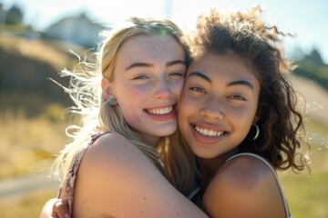 Two joyful young friends hugging outdoors on a sunny day, showcasing happy smiles and genuine friendship.