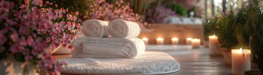 Obraz na płótnie Canvas Elegant luxury spa area with folded fluffy white towels in a spa center in soft colors, with softly lit candles around and flowers and plants nearby , vibrant