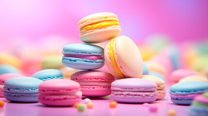 a pile of macarons with different colors on a pink background