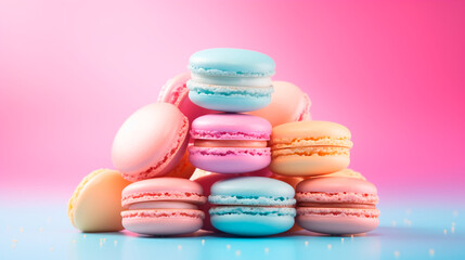 Obraz na płótnie Canvas a pile of macarons with different colors on a pink background