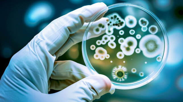 A gloved hand holding a petri dish with various bacteria cultures visible against a blue background.