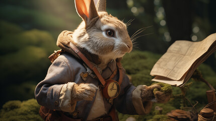 Obraz premium Enchanted Forest: Scholarly Rabbit Studying Ancient Texts Generative AI