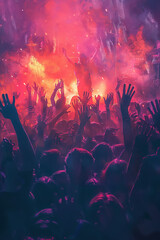 Exhilarated concert crowd with hands raised, capturing the electric atmosphere of live music