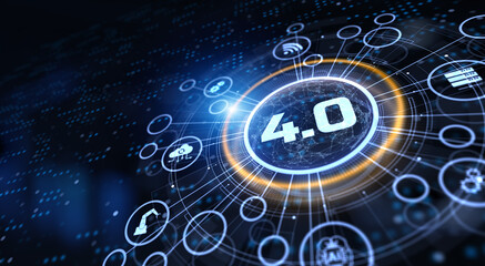 Industry 4.0 smart innovation automation technology concept on screen.