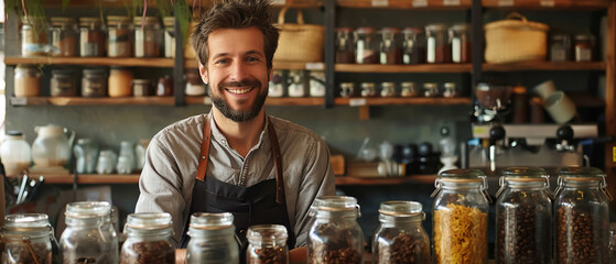 Cheerful barista in a cozy artisan coffee shop, surrounded by jars of fresh ingredients - obrazy, fototapety, plakaty