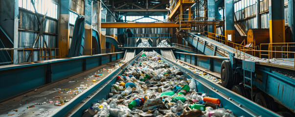 conveyor with garbage at a waste sorting and recycling plant. environmental conservation.