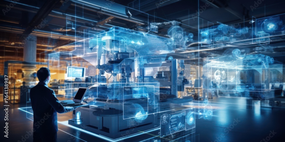 Poster man standing in front of computer screen generative ai