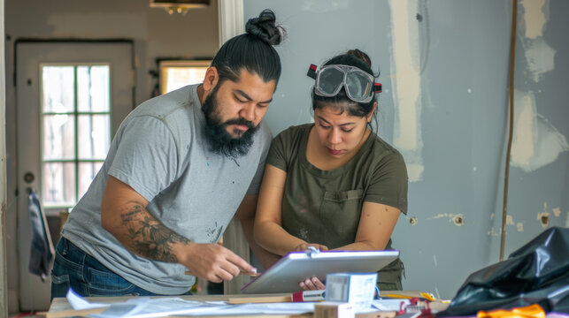A mentor reviews a blueprint with a young apprentice in a woodworking workshop. - Powered by Adobe