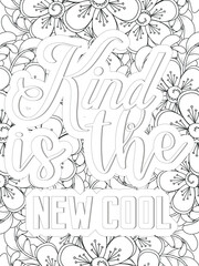 Kindness Quotes Flower Coloring Page Beautiful black and white illustration for adult coloring book