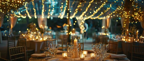 A beautifully decorated wedding reception hall with fairy lights candles - obrazy, fototapety, plakaty