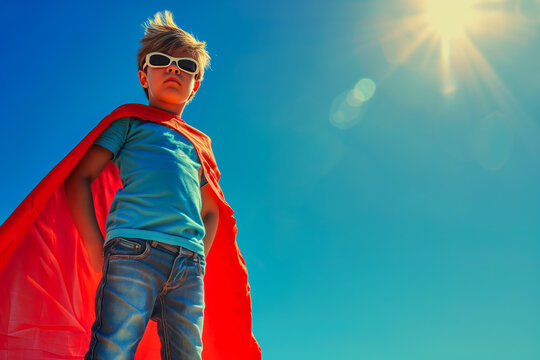 a superhero boy in a blue T-shirt and a red cloak stands against the background of the sky and the midday sun