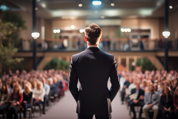 a young speaker in a business suit stands with his back to the viewer and speaks to a large audience in the main hall - obrazy, fototapety, plakaty