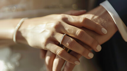Obraz premium Two hands with wedding and engagement rings gently touch, symbolizing union.