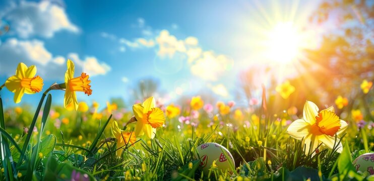A vibrant Easter background featuring daffodils and colorful eggs, with the sun shining brightly in the sky to showcase of joy during Easter season Generative AI