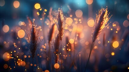A Mystical wild grasses aglow with golden bokeh lights deep focus - obrazy, fototapety, plakaty