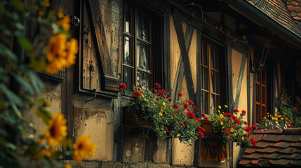 Charming timber-framed house adorned with vibrant flower boxes