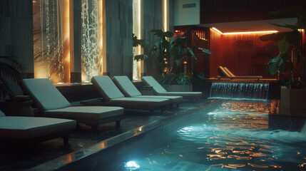 Elegant spa interior with poolside loungers and cascading water