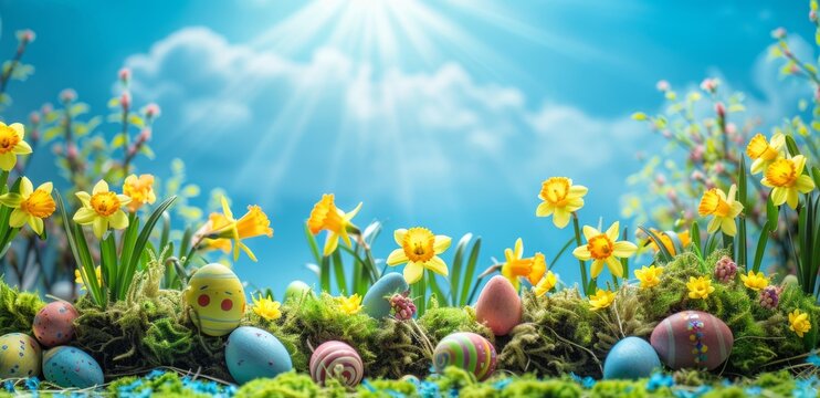 A vibrant Easter background featuring daffodils and colorful eggs, with the sun shining brightly in the sky Generative AI