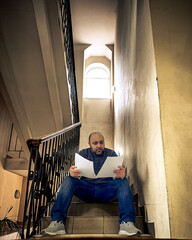 A man is sitting on an old staircase and reading documents