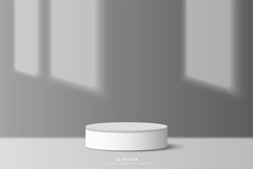 Abstract grey white 3d cylinder podium pedestal stage realistic for product display with window shadow on wall. Sun shining scene design through window. 3d vector render geometric platform design.
