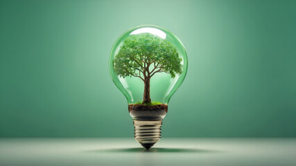 Tree growing inside bulb isolated on light green background 