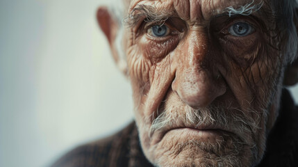 Close-up of an elderly man with deep wrinkles and a contemplative gaze