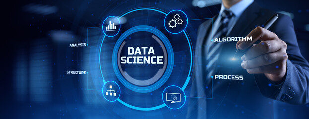Data science analytics concept. Businessman pressing button on screen.