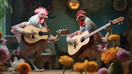 Musical Chickens Playing Guitars Amongst Spring Blooms Generative AI