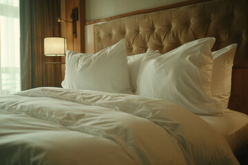 Inviting hotel bedroom with plush white bedding and soft lighting