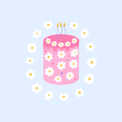 Cute birthday cake with chamomile flowers around. Vector flat illustration. Holiday greeting card