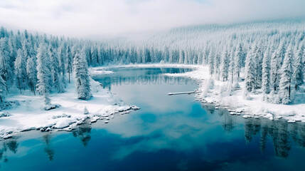 a river surrounded by snow covered trees