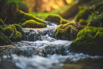 Close-up view of a serene moss-covered stream with small cascades