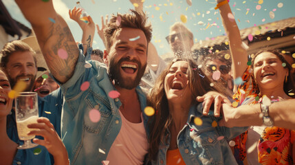 Exuberant friends are celebrating with confetti and laughter under the sun. - obrazy, fototapety, plakaty