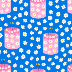 Seamless pattern with pink cake and chamomile flowers. Vector flat floral background. Birthday, wedding holiday concept