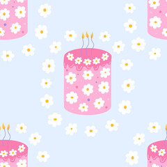 Seamless pattern with pink cake and chamomile flowers. Vector flat floral background. Birthday, wedding holiday concept