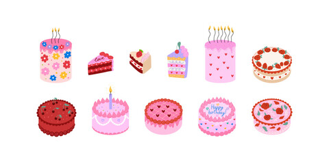 Set of various birthday cakes with candles and slices of cakes. Holiday greeting bento cakes. Vector flat illustration on isolated background