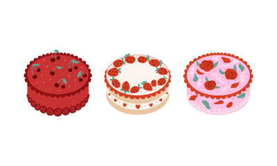 Set of cakes with cherries, strawberries and roses. Vector flat illustration on isolated background. Holiday birthday bento cakes