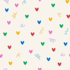 Seamless pattern with cute small hearts and confetti. Abstract vector flat background