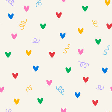 Seamless pattern with cute small hearts and confetti. Abstract vector flat background