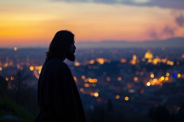Jesus Christ silhouette looking out over a cityscape at dusk, symbolizing watchful care and protection.