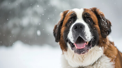 Saint Bernard dog portrait in winter