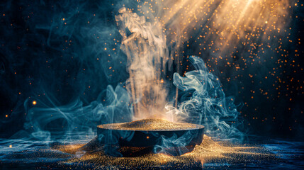 Traditional meal preparation with steam and smoke, dark kitchen magic for food enthusiasts - obrazy, fototapety, plakaty