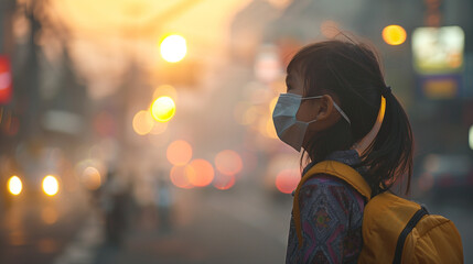 A schoolgirl with a backpack faces the sunrise on a smog-filled urban street, showcasing the blend of daily life and pollution..