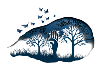 Paper cut of the human hand and tree isolated on a transparent background. Environment day concept