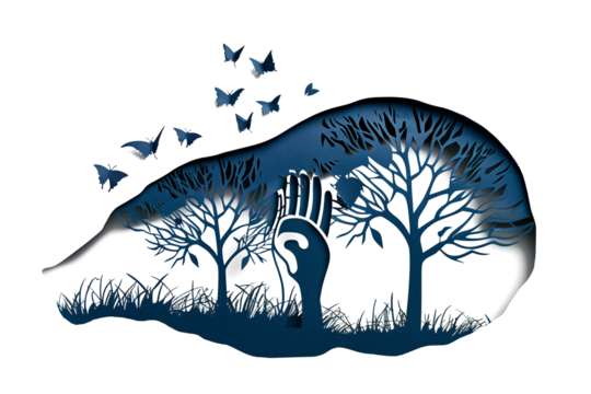 Paper cut of the human hand and tree isolated on a transparent background. Environment day concept