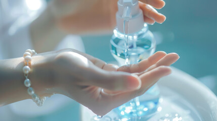 A pearl-braceleted hand dispenses blue liquid soap from a clear pump bottle. - obrazy, fototapety, plakaty