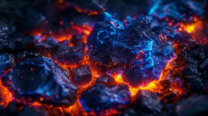 Glowing embers and vibrant flames in a close-up of hot coals, a dance of fire and heat
